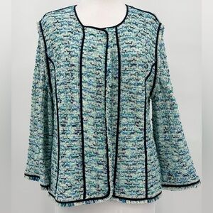 St. John Couture Boucle Tweed Jade Blue Multi Jacket Blazer Fringe Open Size 16